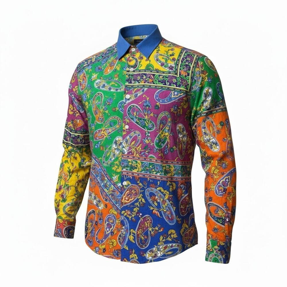 Ralph Lauren Purple Label Button Up Shirt Men XL Multi Paisley Linen Italy MINT